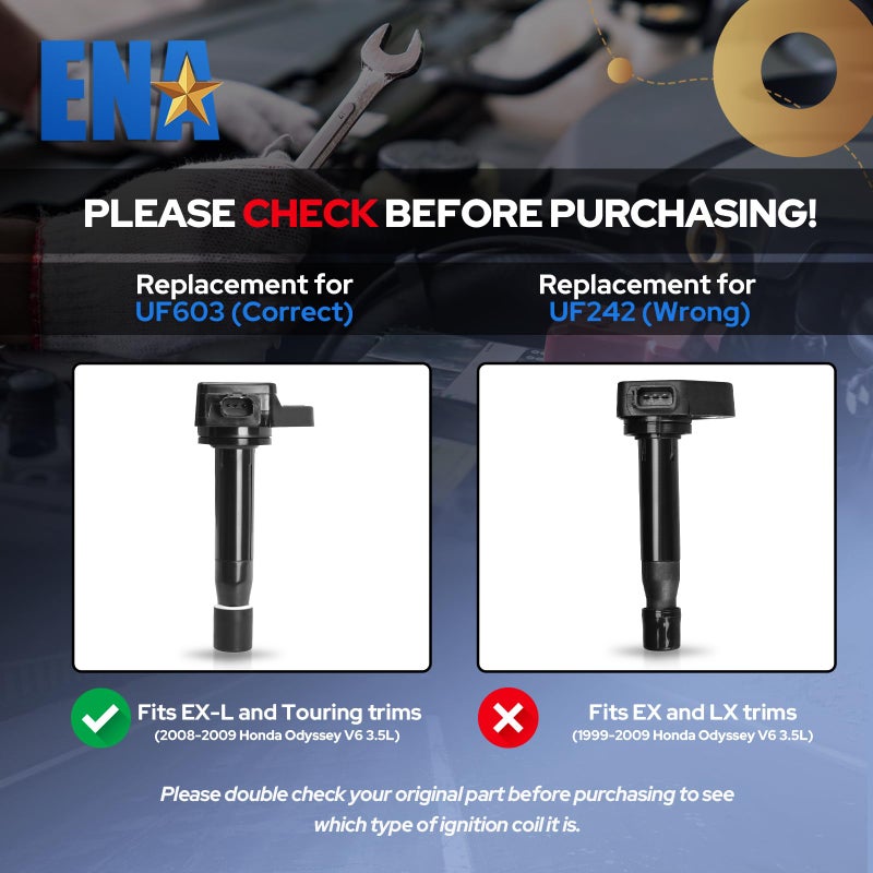 ENA Ignition Coil Pack of 6 for 3.5L 2008 2009 2010 2011 2012 2013 2014 2015 2016 2017 Compatible with Honda Odyssey Accord Crosstour Acura TL RL TSX 3.5 V6 Coils for UF603 IC693 C1624 30520R70A01 - Image 2